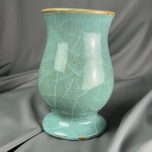 Studio Pottery Vase Turquoise Crackle Glaze Pedestal Stoneware Handmade 5x2.5
